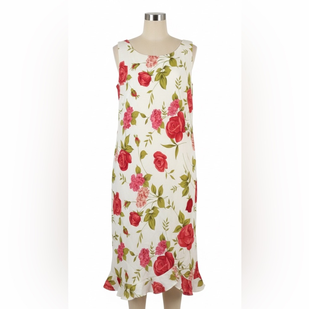 Vtg TEDDI Cream Rose Floral Sleeveless Midi Dress - Ruffle Hem - Size 14